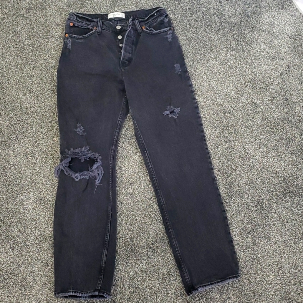 Black faded wash Abercrombie & Fitch "The dad high rise" distresses denim. 27